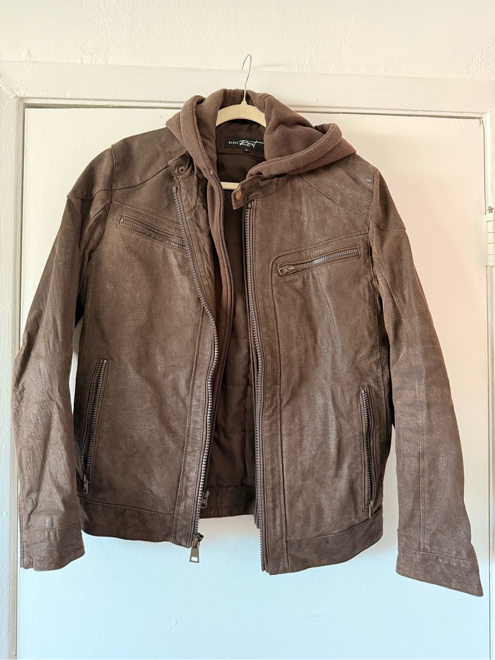 Black Rivet Brown Leather Bomber Jacket with Removable Hood